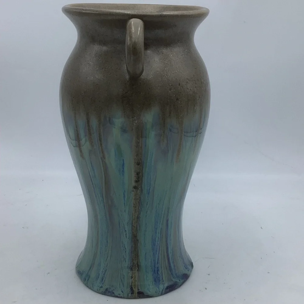 Brown Ceramic Vase with Turquoise Glaze and Round Handles